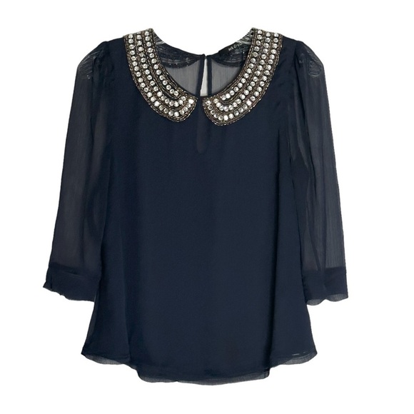 Ark & Co Tops - 🌺 Ark & Co Beaded Sheer Blouse Size S Peter Pan Collar Half Sleeve Crystal Top